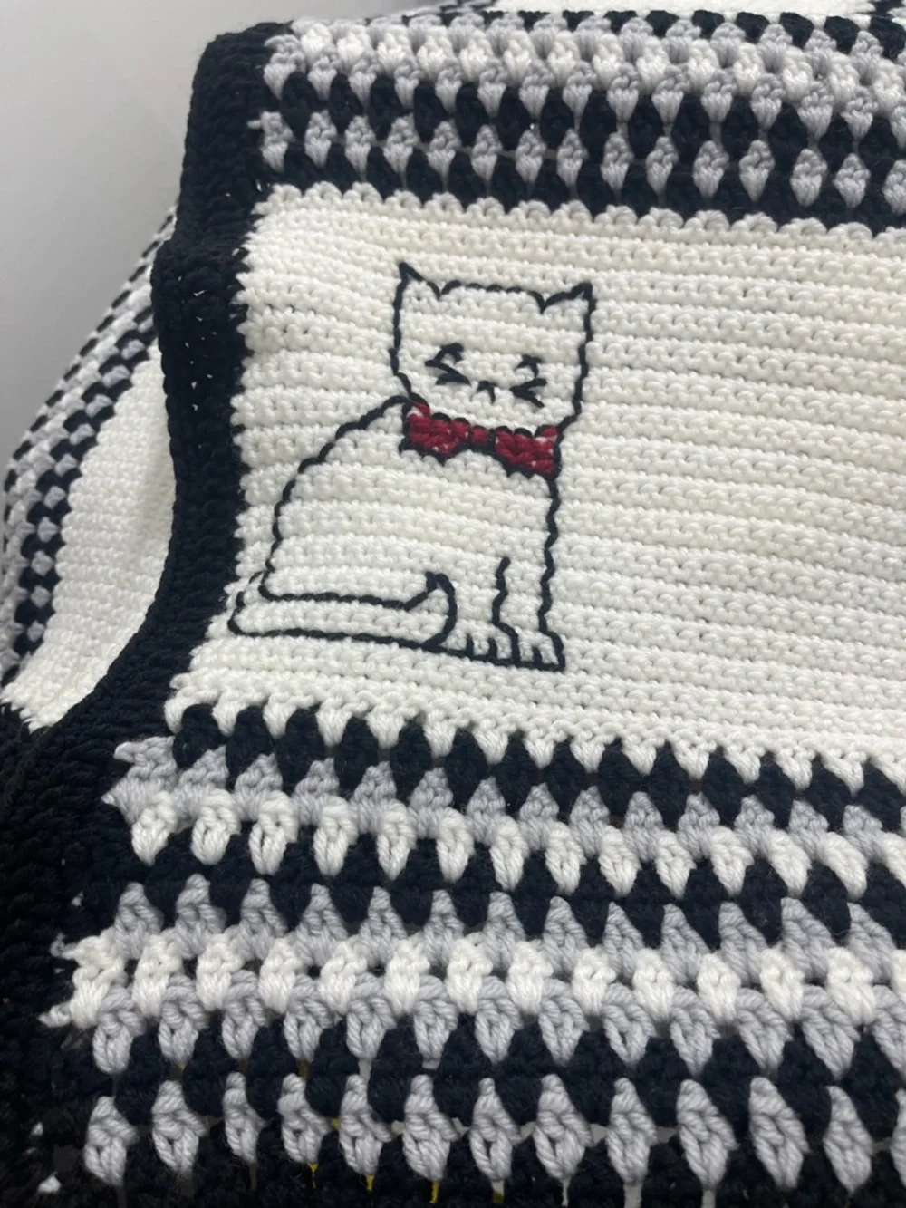 Granny Handmade Crochet Blanket White, Black and Gray Embroidered White Cat